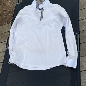 Horse riding show shirt. White with blue/orange trim